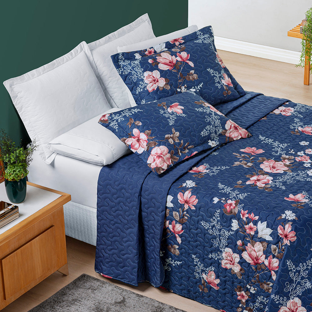 KIt Colcha Cobre Leito Casal Aurora Enxovais 3 peças micropercal 200 fios Dupla Face